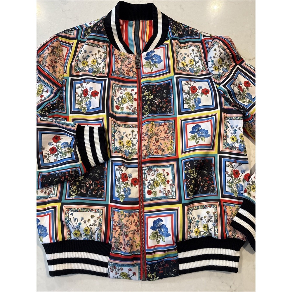 ALICE + OLIVIA Lonnie Reversible Bomber S Crest Tile Floral Striped Jacket Satin